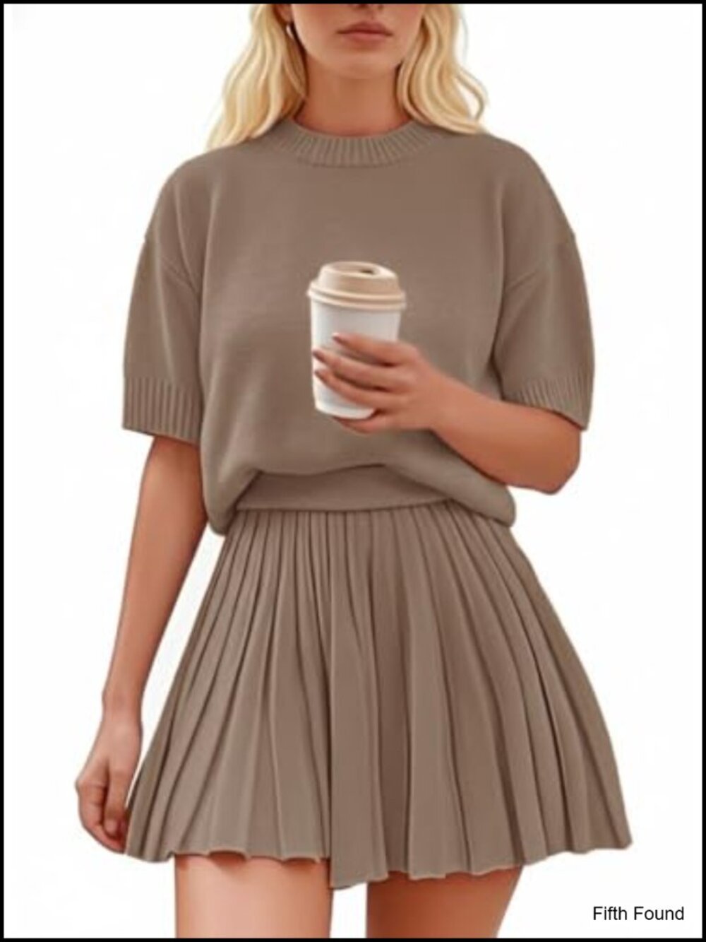 Womens 2 Piece Outfit Short Sleeve Crewneck Knit Top Pleated Mini Skirt Set